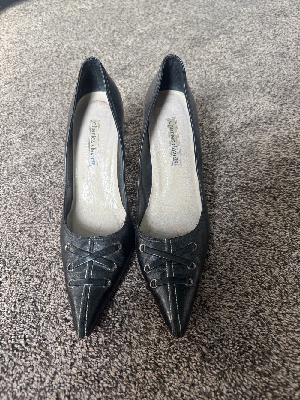 Charles David Black Pointed Lace-Trim Leather Pumps